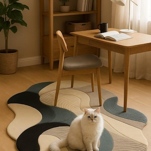 Wavy Abstract Modern Area Rug  Irregular Shaped Hand-Tufted Carpet for Home Office Study  Soft Wool Aesthetic Floor Rugs For Living Room
