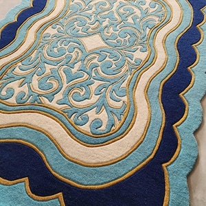 Luxury Teal Scalloped Handmade Tufted Rug, Custom Royal Living Room Carpet, Vintage Floral Area Rug Decor image 11