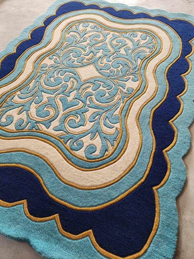 Luxury Teal Scalloped Handmade Tufted Rug, Custom Royal Living Room Carpet, Vintage Floral Area Rug Decor image 11