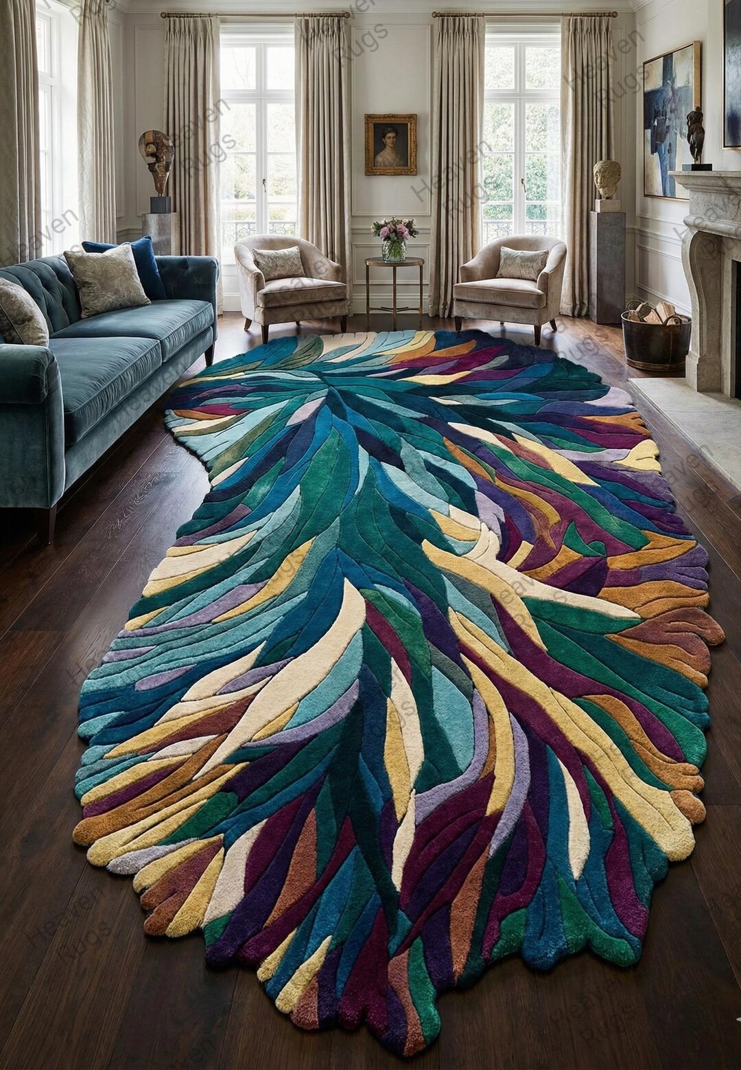 Hand Tufted Abstract Leaf Rug Irregular Shape Multicolor Wool Area ...