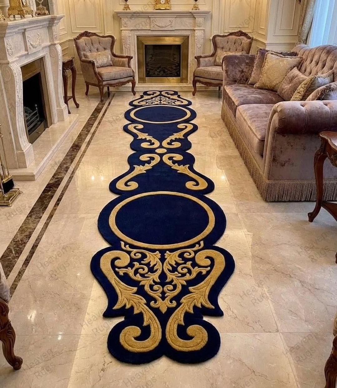 Luxury Royal Blue Gold Tufted Runner Rug, Handmade Baroque Hallway ...