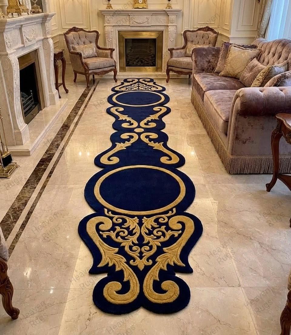 Luxury Royal Blue Gold Tufted Runner Rug, Handmade Baroque Hallway ...