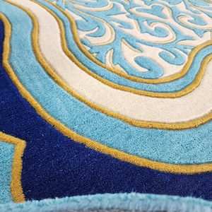 Luxury Teal Scalloped Handmade Tufted Rug, Custom Royal Living Room Carpet, Vintage Floral Area Rug Decor image 5