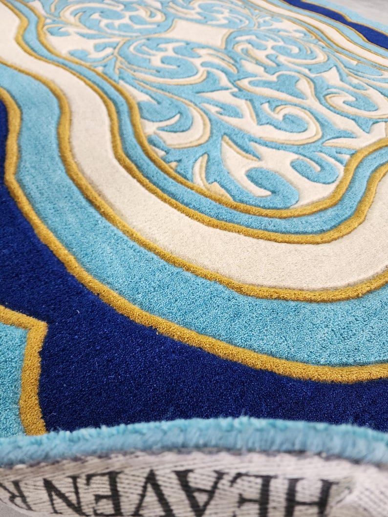 Luxury Teal Scalloped Handmade Tufted Rug, Custom Royal Living Room Carpet, Vintage Floral Area Rug Decor image 5