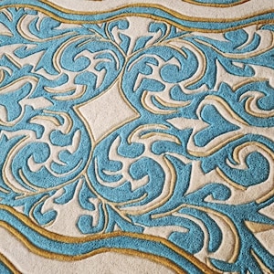 Luxury Teal Scalloped Handmade Tufted Rug, Custom Royal Living Room Carpet, Vintage Floral Area Rug Decor image 19