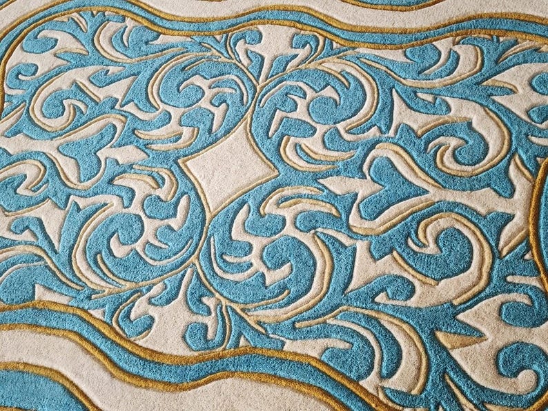 Luxury Teal Scalloped Handmade Tufted Rug, Custom Royal Living Room Carpet, Vintage Floral Area Rug Decor image 19