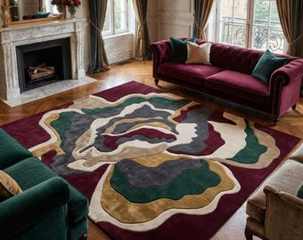 Handmade tufted Luxury Abstract Irregular Area Modern Hand Tufted Designer Carpet in Burgundy Green Gold Statement Living Room Decor Rug