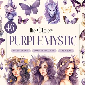 Titel: Purple Mystic Sticker Pack | 46 Magisch Ästhetische Aufkleber | Fantasy Schmetterlinge, Kristalle, Drachen | Boho Witchy digitaler Download