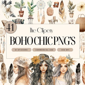 Title: Boho Chic Sticker Pack | 41 Bohemian Aesthetic Stickers | Boho Decor, Feathers, Flowers, Fashion | Digital Download | PNG