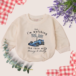 Shh I&#39;m Watching the Race with Mommy & Daddy Baby Romper, Race Car Baby Bodysuit, F1 Inspired Bodysuit, Natural Newborn Gift, Baby Clothes