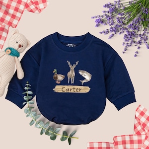 Personalized Name Mallard Duck Hunting Romper Sweater, Boy Ducking Hunter Baby Romper, Ducks Deer Fishing, hunting buddy, Newborn Bodysuit