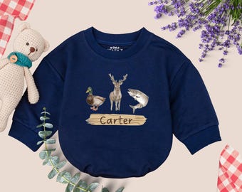 Personalized Name Mallard Duck Hunting Romper Sweater, Boy Ducking Hunter Baby Romper, Ducks Deer Fishing, hunting buddy, Newborn Bodysuit