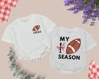 My First Football Season Romper, Personalized Game Day Outfit, Football Baby Clothes, 1 Year Down Baby Bodysuit, Football Party Gift