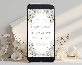 Electronic Reception Invitation Template, INSTANT DOWNLOAD, White Roses and Greenery wedding Invite, White Floral Digital Wedding card, WI02