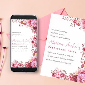 Editable Retirement Party Invitation Template, Minimalist pink floral Retirement Dinner invite , Retirement Party for Teacher Surprise, RP06