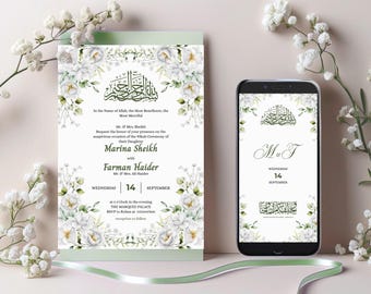Muslim Wedding Invitation Template, Editable White Flowers Nikkah Barat Video Invite, Animated and Printable  WI02