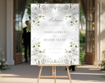 White Flowers Wedding Welcome Sign Template | Printable Greenery Welcome Poster | Sage Wedding Board | Editable Template I WI02