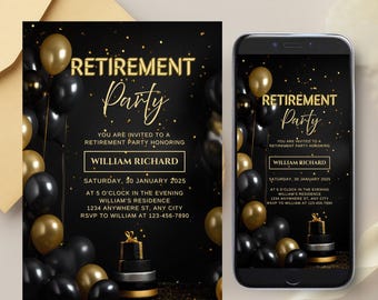Black and gold Retirement Party Invitation Template (Digital Download)