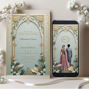 May include: An elegant wedding invitation and a smartphone displaying a matching design. The invitation features ornate gold and teal details with floral accents. The phone shows a couple in formal attire. White flowers and a ribbon complete the presentation.