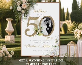 Greenery 50 years Anniversary Welcome sign, Golden Jubilee Wedding Anniversary present, poster with picture, Green and gold Printable Sign
