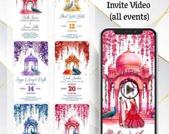 Watercolor Indian Wedding Video Invitation, Animated Multi Event card, Editable Template, Baraat Haldi Mehndi Sangeet Reception E-Invite MP4