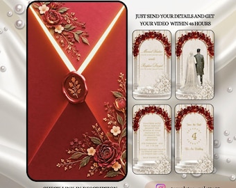 Animiertes Video für Hochzeitseinladungen im Briefumschlag-Design, indische Einladungsvorlage mit roten Rosen (Canva-Vorlage), bearbeitbare digitale Einladung im hinduistischen Stil (Save the Date).