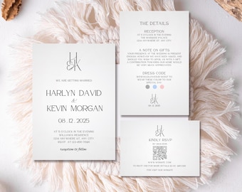 Elegant Wedding Invitation Template, Minimalist Wedding Bundle Canva, Wedding Invite Suite With QR Code RSVP, Printable Wedding Invite, M23