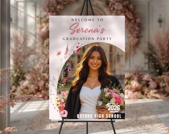 Wildflower graduation party welcome sign, summer floral Graduation welcome board Template, class of 2026 grad printable sign with photo