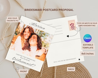 Maid of Honor Postcard Proposal Template | Custom Handwritten Bridesmaid Groomsman Card with photo | Editable and Printable Canva Template