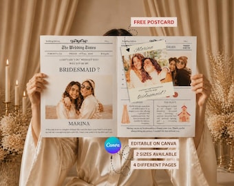 Will You Be My Bridesmaid Newspaper Template, Custom Bridesmaid Proposal Newspaper with Photo, Flower Wrap, Editable in Canva, FREE postcard