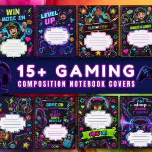 Puede incluir: Una colección de más de 15 portadas de cuadernos de composición con temática de videojuegos, con fondos negros e ilustraciones de colores neón de mandos, auriculares y personajes, incluyendo textos como WIN MODE ON, LEVEL UP y GAME ON.