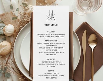 Minimal Wedding Menu Template with Monogram, Digital Wedding Menu Card, Custom Wedding Dinner Menu, Canva Wedding Menu Digital Download M23
