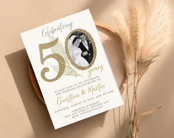 50th Anniversary Printable invitation, Greenery Wedding Anniversary Invitation with Photo, Editable golden jubilee Invite, Digital Invite