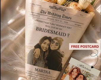 Bridesmaid Proposal Flower bouquet wrap, Printable Newspaper Flower Girl invitation, Maid of Honor canva template, Editable photo collage