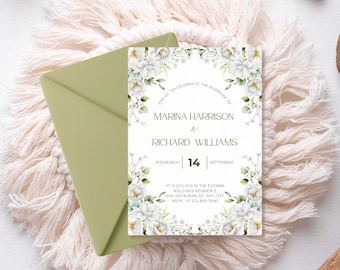 Editable White Floral Reception Invitation, INSTANT DOWNLOAD, White Roses and Green We Do Invite Template, Sage Printable Wedding set, WI02