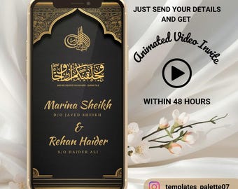 Luxus Islamische Hochzeit Video Einladung, Schwarz und Gold Nikkah Digitale Einladung für Muslimische Hochzeit