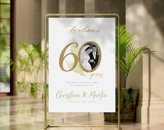 60th Anniversary Welcome sign, Anniversary Celebration, Eucalyptus, Foilage, Photo Wedding Anniversary Poster, Anniversary gift