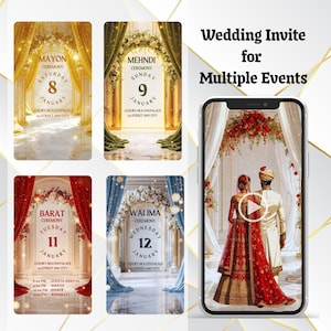 May include: A digital wedding invitation set for multiple events featuring four vertical cards with gold, green, red, and blue drapes, and a smartphone displaying a couple in traditional attire under a floral arch with the text Wedding Invite for Multiple Events.