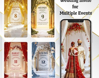 Indian Wedding invite for Multiple Events | Mayon Mehndi Barat Walima invitation video, wedding invitations set, All in one wedding card