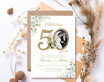 50 years Anniversary celebration invitation floral, Eucalyptus Marriage Anniversary Printable Invitation with Photo, Editable canva template