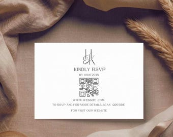 Modèle de carte RSVP minimaliste pour mariage, RSVP monogrammée avec code QR, réponse de mariage à faire soi-même, RSVP classique à imprimer, téléchargement modifiable, M23