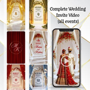 May include: A smartphone displays a wedding invite video, surrounded by images of ceremony details. The video shows a couple in traditional attire. Other images include event cards with dates, times, and venue information, such as "Mayon Ceremony" and "Walima Ceremony."