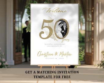 50th Wedding Anniversary Welcome sign, Editable Anniversary Welcome board with photo, Foliage, Eucalyptus, Digital Download