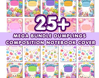 Dumplings Notebook Cover Mega bundle, Colorful cute glitter characters Composition Notebook Covers, Editable Labels, Custom Canva Template