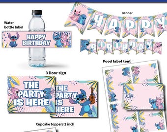 Party Package Stitch | Party Decor banner set Bunting happy birthday party Favors lilo | Stitch & Angel table Decorations | instant download