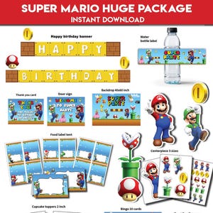Puede incluir: Un paquete de fiesta temático de Super Mario con varias decoraciones. Incluye una pancarta de 'Feliz Cumpleaños', etiquetas para botellas de agua, tarjetas de agradecimiento, letreros para puertas, un telón de fondo, carpas para etiquetas de alimentos, adornos para cupcakes, centros de mesa, tarjetas de bingo y adornos para bolsas de golosinas. Descarga instantánea.