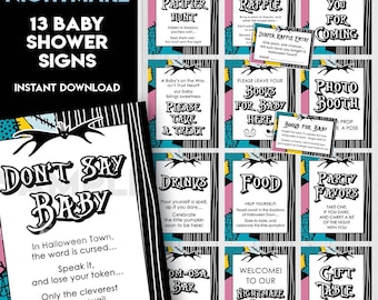 Paquete de carteles para mesa de baby shower de pesadilla, Halloween, Navidad, póster de bienvenida, decoración de mesa, carteles imprimibles NBC, descarga instantánea