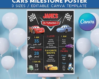 Cars Mater Milestone Board poster EDITABLE TEXT  | Lightning McQueen Printable birthday Party Chalkboard Race sign | Instant Download