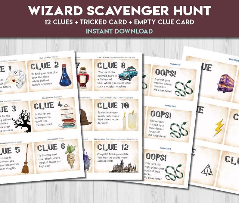 Word Wizard Riddles Wizard Scavenger Hunt Clues Riddles Game | Magic School Party Game ...