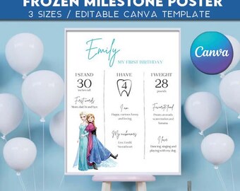 Cartel de hitos de Frozen con texto editable / Cartel de fiesta de cumpleaños de Elsa Winter Wonderland / Descarga instantánea